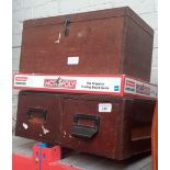 A 2 drawer wooden cabinet and another wooden box together with a Monopoly game.