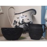 Wedgwood Etruria creamware jug 21cm high printed with ‘Liverpool Birds’ design together with a black