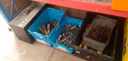 3 crates and 1 galvanised trough of various tools together with an empty joiner's box.