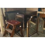 Various items of furniture; a triple mirror, an oak trolley table, folding steps, a card table and