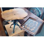 An inlaid mahogany tray and a yew wood and wrought metal coffee table.