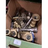 A box of assorted metal ware including silver vases, a white metal nurses belt, brass candlesticks