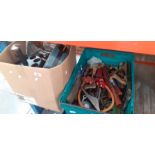Two boxes of various tools, garage ware to include plane, retractable air hose reel, etc.