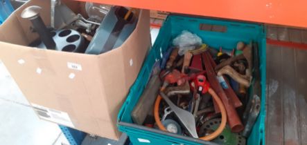 Two boxes of various tools, garage ware to include plane, retractable air hose reel, etc.