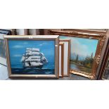 Various pictures and prints including a ship in full sail, oil on board, a signed limited edition