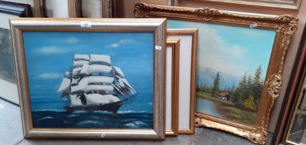 Various pictures and prints including a ship in full sail, oil on board, a signed limited edition