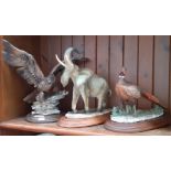 3 large Italian animal / bird figures on wooden plinths