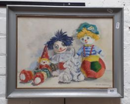 20th century school, oil on board, children's toys, 39cm x 29cm, signed 'BETTY HARTLEY /86', framed,