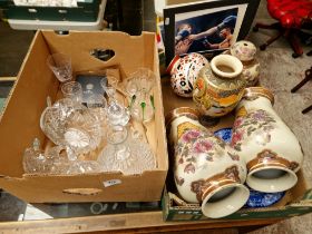 Two boxes of misc. comprising, cut glass, Oriental china, Ricky Hatton signed photograph etc.