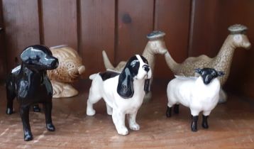 6 small Beswick figures. Black Labrador, Spaniel, sheep, White & Mackay Loch Ness Monster whisky