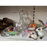 Glass and ceramics to include Beswick cats, leaping trout on dish, orange, Rpyal Doulton Penny and