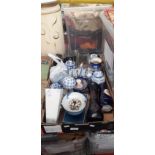 A box of assorted items including pottery and glass, blue and white etc. and a large vase.