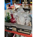 A box of mixed glassware including cut crystal glasses, art glass vase, coloured glass, etc.