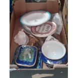 A box of ceramics including Carlton ware pedestal bowl, Majolica sardine dish, Coalport figure