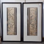 A pair of Japanese embroidered silk textiles depicting people and birds in a river landscape, each