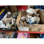 Two boxes of assorted ceramics including cats, jugs, lidded pedestal bowl etc