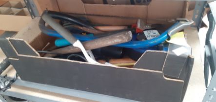 2 bundles of garden tools, a box of tools and an electric strimmer