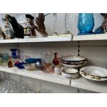 A collection of glass and ceramics to include coloured glass, paperweight, Falcon ware bowl with