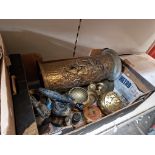 A box of brass and copper ware including two vintage brass blow-torches.