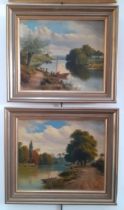 A pair of 19th century school, river scenes, oil on canvas, 29.5cm x 24.5cm each, both signed 'J