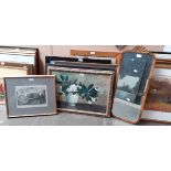 A collection of various pictures and prints including a watercolour signed H F Burnett, monochrome