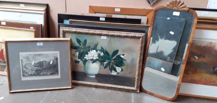 A collection of various pictures and prints including a watercolour signed H F Burnett, monochrome