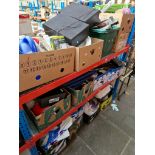 15 boxes of mixed items on 3 shelves including garage ware, ceramic tiles, kitchen ware, tools,