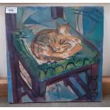 20th century, oil on board, cat on a chair, 34.5cm x 34.5cm, catalogue sticker for Bonhams (lot 766)