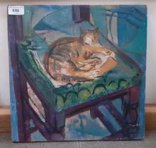 20th century, oil on board, cat on a chair, 34.5cm x 34.5cm, catalogue sticker for Bonhams (lot 766)