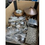 A box of assorted metal ware.