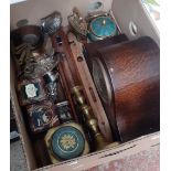 Assorted items including set of miniature copper pans, Westminster chime clock with key, assorted