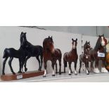 Beswich horse figures - stallion and foal (matt finish) on wooden plinth, 1 carthorse (damaged