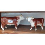 Beswick cattle figures - Hereford Earl bull and cow (has stripe marks to horns)