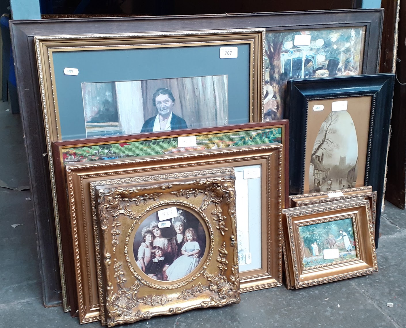 Various pictures and prints including an oil on board, gilt framed prints, needlework picture, etc.