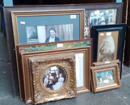Various pictures and prints including an oil on board, gilt framed prints, needlework picture, etc.