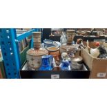 A mixed lot of pottery including blue and white ware, Katzhutte ceramic bookends, pair of Mettlach