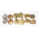 Three pairs of cufflinks, one pair set with mother of pearl and marked '9ct', another pair marked '