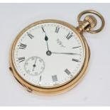 A 9ct gold Waltham Traveller open faced pocket watch, diam. 52mm, gross wt. 94.2g. Condition -