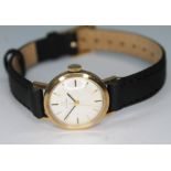 A ladies 9ct gold Omega wristwatch, case diam. 22mm, later leather strap.