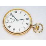 A 9ct gold Garrard open faced pocket watch, crown wind and advance, gross wt. 71g, diam. 50cm.