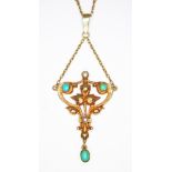 An Edwardian style pendant, set with turquoise cabochons and split pearls, length 70mm, marked '