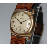 A 9ct gold cased Bernex watch, width 29mm, 15 jewel manual wind movement, leather strap.