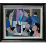 Peter Stanaway (b1943), The Bird Society, oil on board, 48cm x 38cm, signed, inscribed verso, framed
