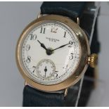 A 1920s Waltham 9ct gold wristwatch, case diam. 32mm, seven jewel manual wind movement, later