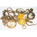 Assorted yellow metal and 9ct gold comprising a 19th century Regency combination locket and