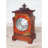 An early 20th century scarlet japanned chinoiserie mantle clock, pagoda top, unsigned 4 3/4" steel