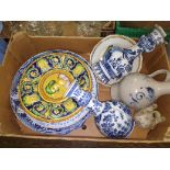 A box of mainly European pottery including Delft, Maoilica, Quimper, German etc.