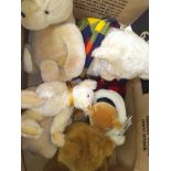 A box of soft toys comprising Steiff teddy bear 24, Steiff Millenium bear with Danbury Mint