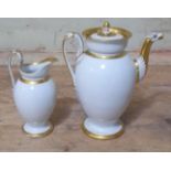 A porcelain coffee pot and matching cream jug, Meissen style crossed swords mark to base, coffee pot