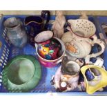 A crate of assorted pottery including a puzzle jug etc.